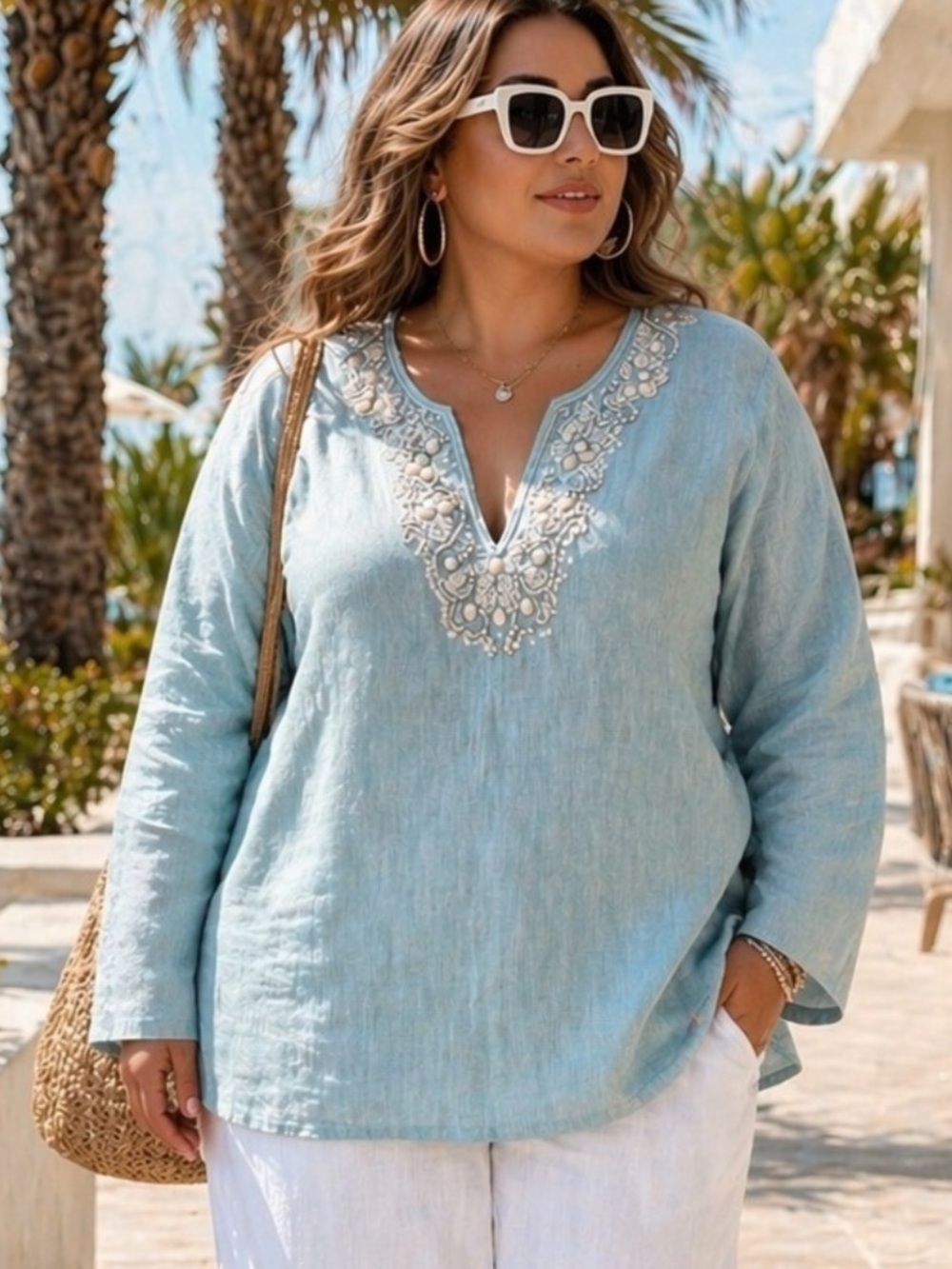 Lafayette 148 100% Linen Tunic Blue Beaded Embellished size 10